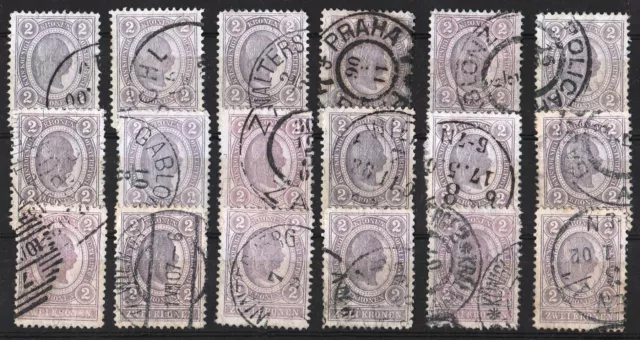 ÖSTERREICH MiNr. 82C, 2 Kronen, Lot mit 18 Stück, gestempelt, Farben!!!