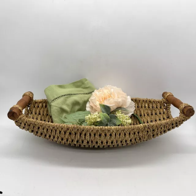 Vtg Seagrass Hand-Woven Cording Wooden Handles Large Oblong Serving Basket 15"