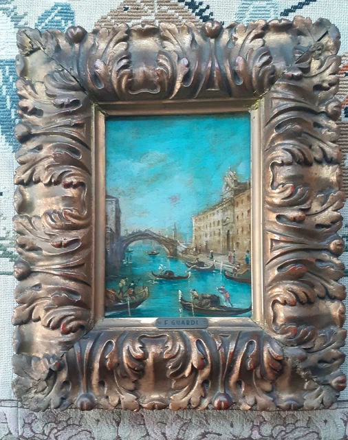 Olio su tavoletta F.Guardi-Rio dei Mendicanti-Venezia - cornice dorata 32 x 26