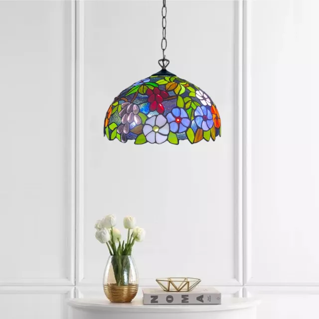 Beautiful Tiffany Antique Flower Style Pendant Lamp 16 Inch Stained Glass Shade