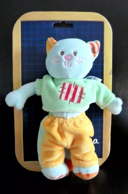 41- DOUDOU PELUCHE CHAT BLEU AJENA 20 cms  jaune vert orange- NEUF SUR CARTON