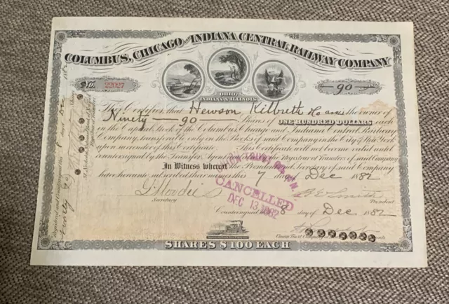 Columbus, Chicago and Indiana Central Railway Co. Stock Certificate 1882