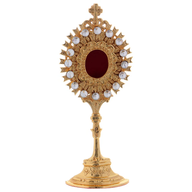 Reliquiario in ottone dorato con pietre sintetiche bianche