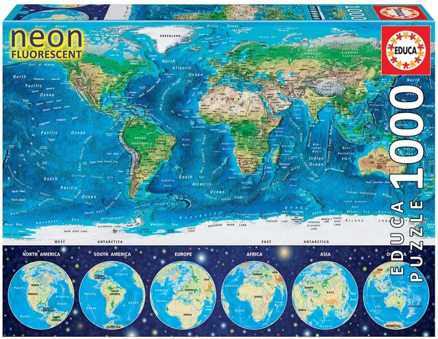 EDUCA - PUZZLE fluorescent la carte du monde – 1000 Pièces - - EDU16760 ...