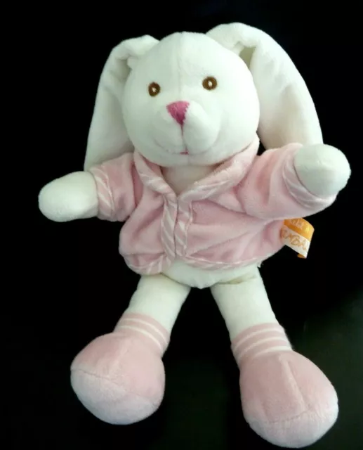* DOUDOU PELUCHE KIMBALOO LAPIN BLANC GILET ROSE RAYE 27/40cm - EXCELLENT ETAT