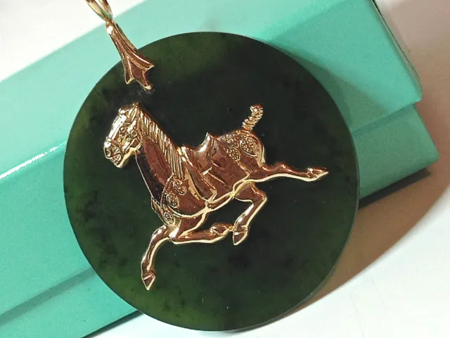 Nephrite Green Jade Large  Round Pendant 14k Yellow Gold Chinese Tang Horse