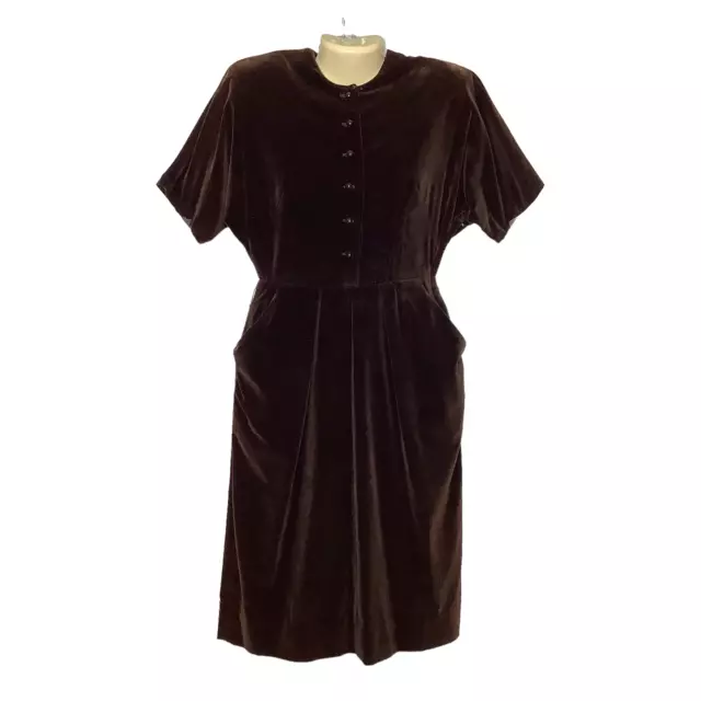 Vintage Dress Womens Small Brown Velvet 30s 40s Midi Short Sleeve Side Zip READ