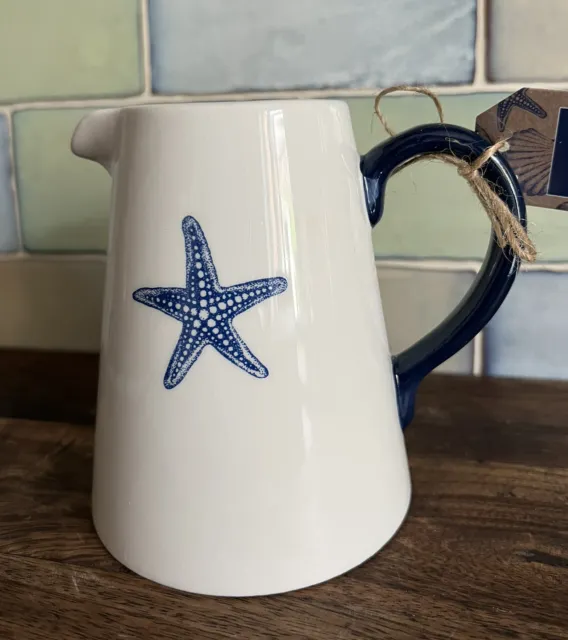 12cm Starfish Print White & Blue Ceramic Flower / Milk Jug Pitcher Vase