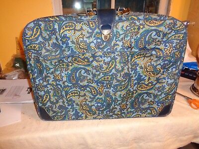 Vintage Large Suitcase Blue Made in Japan 1960's Fabric Flower Power Hippie Mod