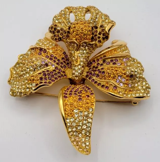 Joan Rivers Ombre Crystal Yellow Gold Orchid Brooch Swarovski Purple Clear Pin