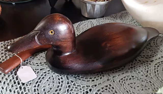 Vintage Wooden Hand Carved Decoy Duck 15" Long Chocolate