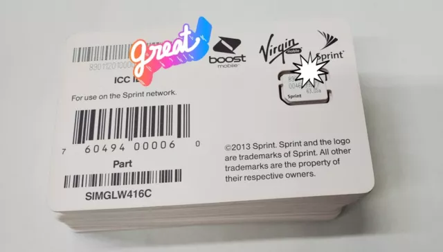 Sprint Nano Sim Card - SIMGLW416C (SPRINT/BOOST/VIRGIN MOBILE) - NEW