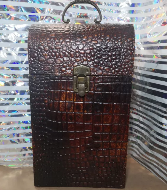 Mock Crocodile Leather Covered Two Bottle Wooden Wine Box With Brass Fittings