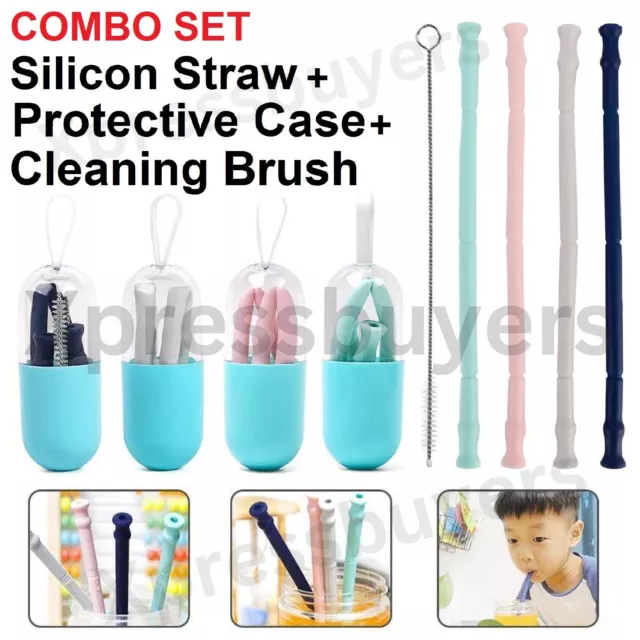 Reusable Food Grade Silicone Foldable Straws Drinking Straw With Cleaning Brush