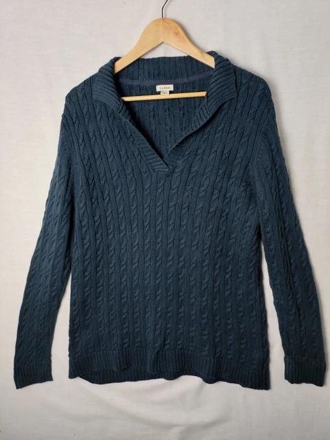 L.L. Bean Navy Chunky Cable Knit V-Neck Oversized Cotton Jumper - Women's Large