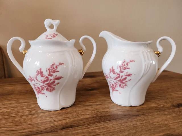 Ciotola di zucchero e brocca latte Bone China Royal Wings crema e design floreale rosa