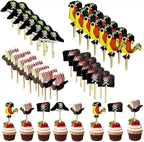 48 topper per cupcake pirata, con teschio di Halloween, con bandiera dei (M7w)