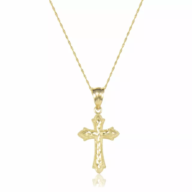 10K Solid Yellow Gold Fleur-De-Lis Cross Pendant Singapore Chain Necklace Set