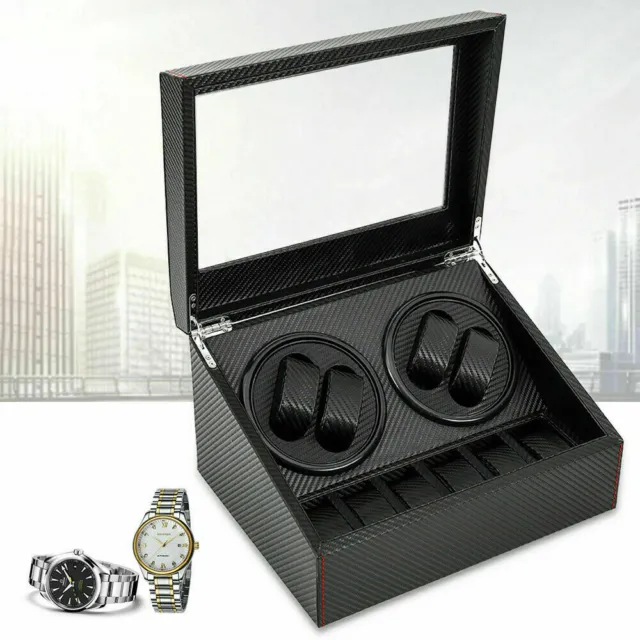 4+6 Auto Rotation Leather Wood Watch Winder Storage Display Case Box Black Case