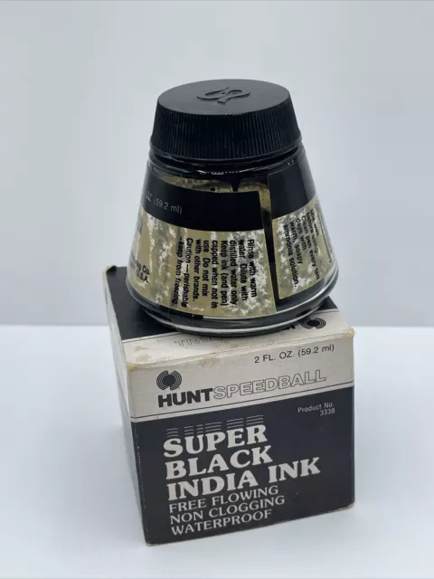 Vintage Box Hunt Speedball Ink Bottle Super Black India Ink 3338 Solid Ink 3