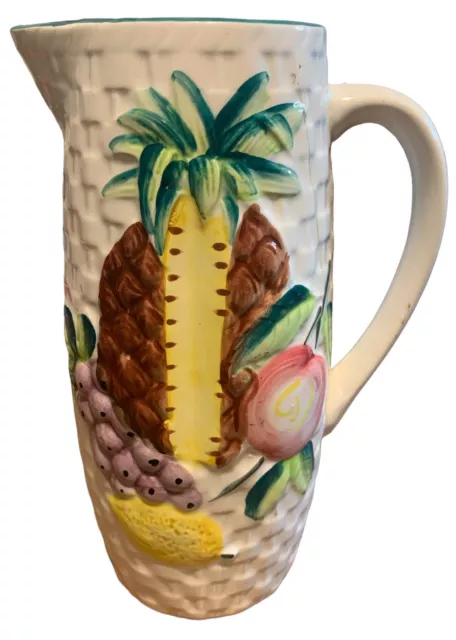 Vtg Pitcher Fruit Majolica Japan Basket Weave White 8 3/4” Tall Made In Japan