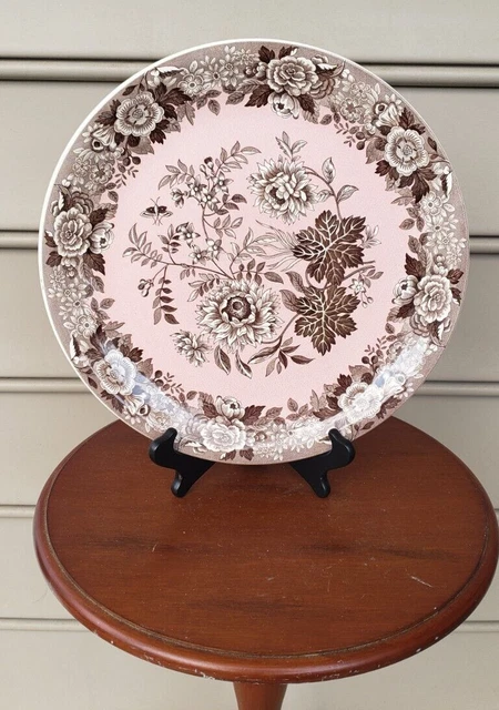 Charger Plate Pink and White Butterfly Flower Plate Enamel Style plate Vintage