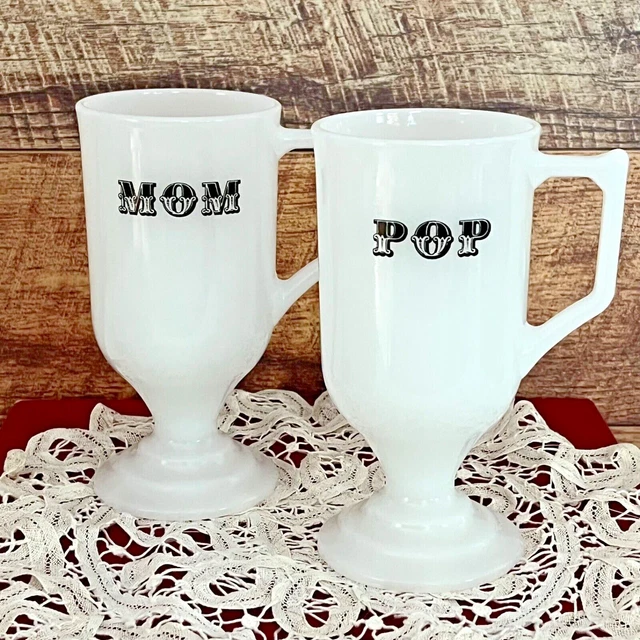 Mom Pop Coffee Mug Milk Glass Pedestal Cup Vintage Set