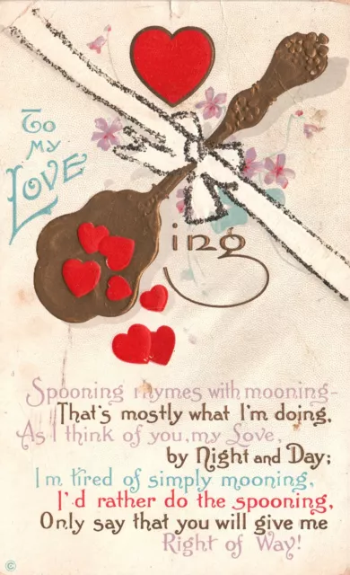 Vintage Postcard 1914 To My Love Spooning Rhymes with Mooning Red Heart Greeting