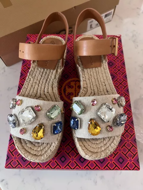 NWB TORY BURCH Crystal Raffia Platform Espadrilles Shoes Sandals