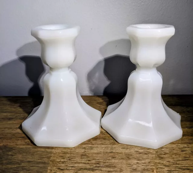 Vintage Pair of Milk Glass Candlestick Holders 5" Octagonal Base