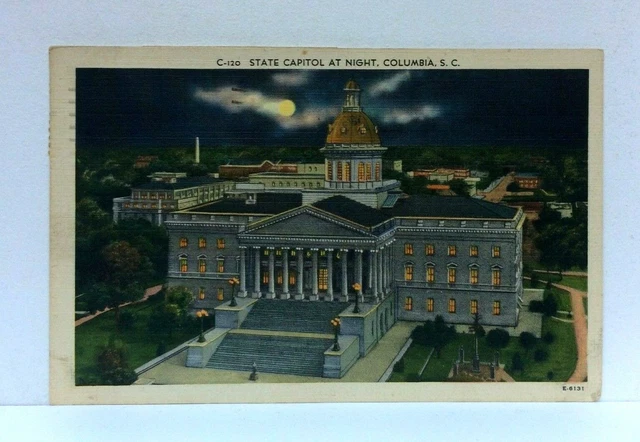 Columbia South Carolina SC State Capitol Night View Linen Vintage Postcard