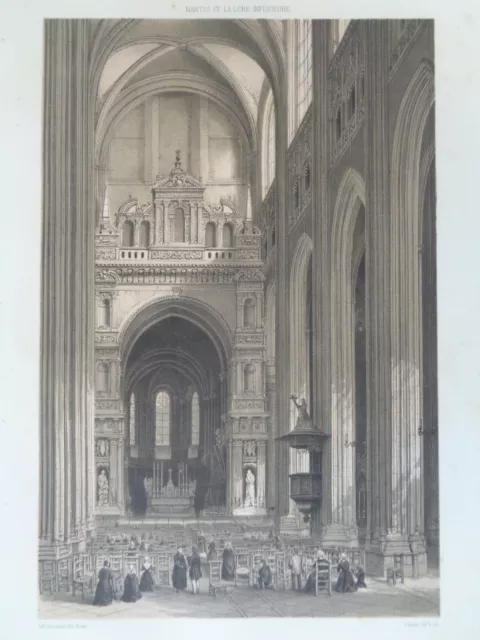 CATHEDRAL OF NANTES View Felix Benoist Lithograph LARGE ANTIQUE ENGRAVING 1850