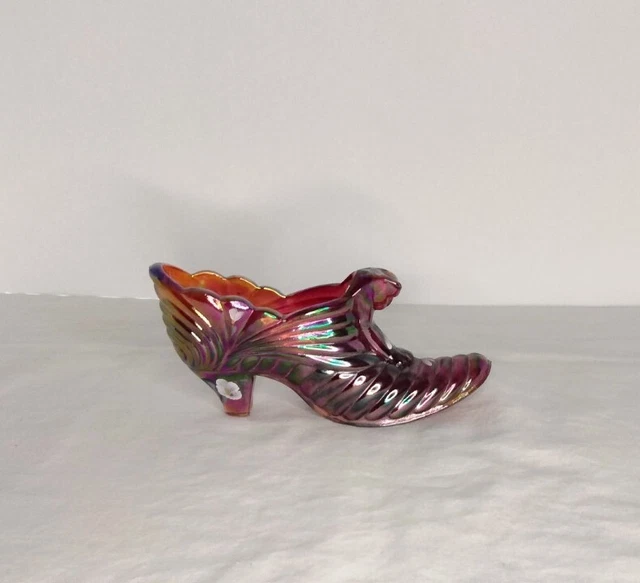 Fenton Carnival Glass Amberina Cathead Hand Painted Floral Slipper Artist Signed