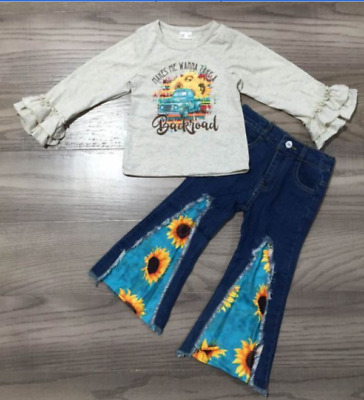 NEW Boutique Girls Sunflower Long Sleeve Shirt & Bell Bottoms Jeans Outfit Set