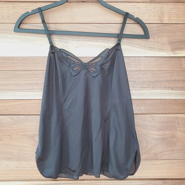 Vintage Black Nylon Camisole with Embroidered Butterfly and Adjustable Straps M