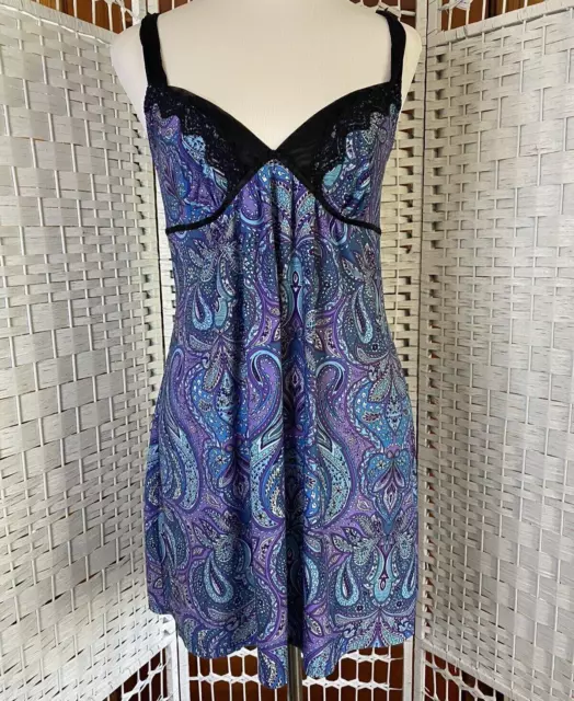 Linea Donatella DPT110 Women's M Purple Paisley Black Lace Trim Nighty