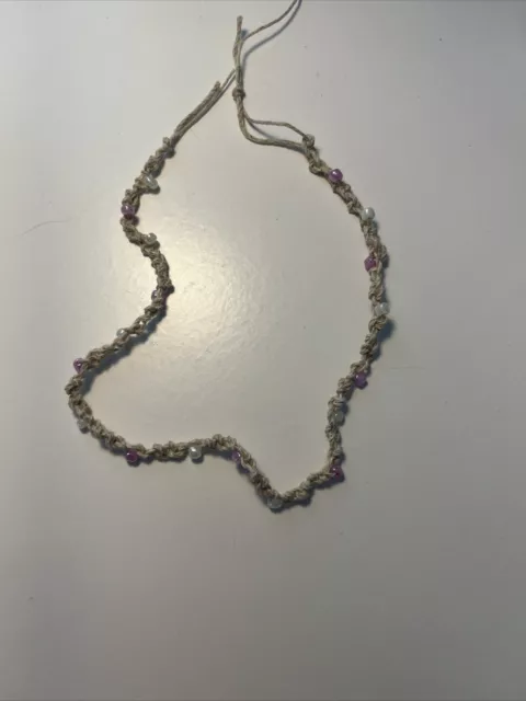 Hemp Handmade Anklet With Tiny Pink And White Beads