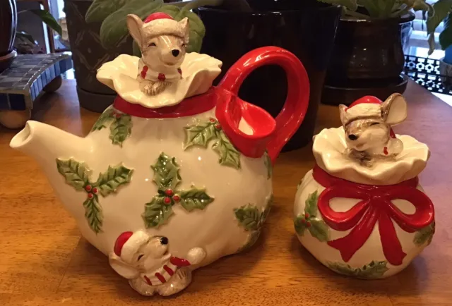 Fitz and Floyd Omnibus OCI Christmas Mouse Teapot and Sugar SET  1988