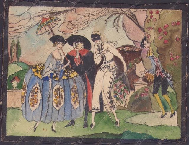 1910 Disegno acquerello Pierrot Colombina Pantalone Brighella Meneghino