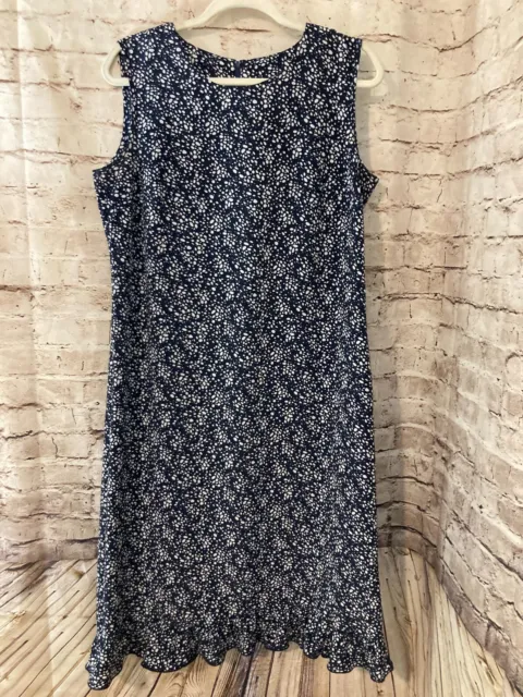 Womens A Line Dress Medium Navy Blue Polka Dot Ruffle Midi Sleeveless Zip Up