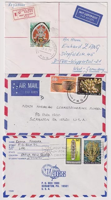 PAPUA NEW GUINEA 1977-86: 3 AIR MAIL covers to USA, Germany · F condition (6448)