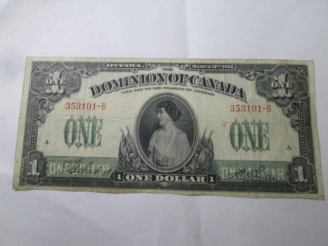 1917 Dominion Of Canada 1 Dollar Signed Large Size Note Very Good Condition