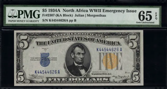 1934A $5 North Africa WWII Emergency Issue FR-2307 - PMG 65 EPQ Gem Uncirculated