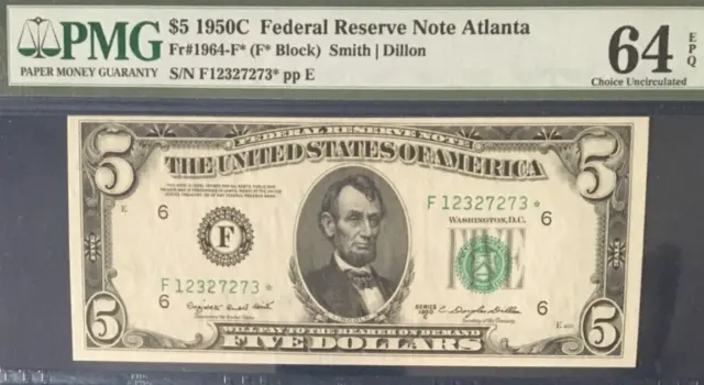 1950C $5 Pmg64 Epq Choice Uncirculated Federal Reserve *Star* Note Atlanta  9166