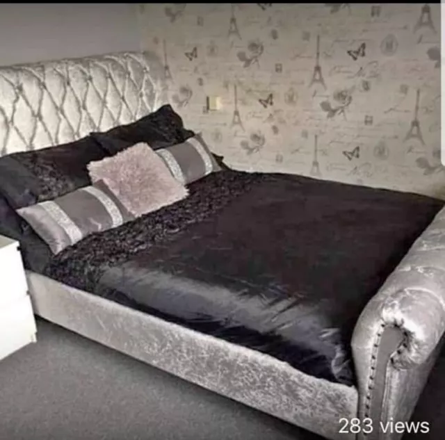 CHESTERFIELD Classy Modern Bed Frame Sleigh Style Upholstered Crushed Velvet