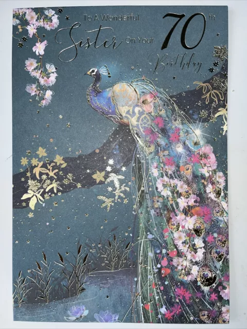 SISTER 70th Birthday Card  - Cherry Orchard Grace - Modern Peacock 70