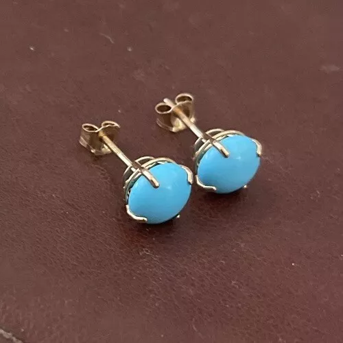 Sleeping Beauty Turquoise 14K YELLOW GOLD SIGNED STUD Earrings 7mm Round