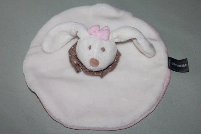 Doudou Orchestra Lapin Plat Rond Blanc Rose Noeud Col Marron Pois Neuf