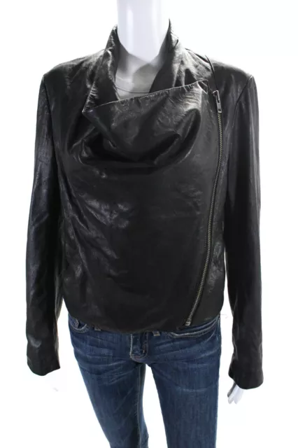 Helmut Lang Women's Leather Asymmetric Zip Cropped Biker Jacket Black Size M