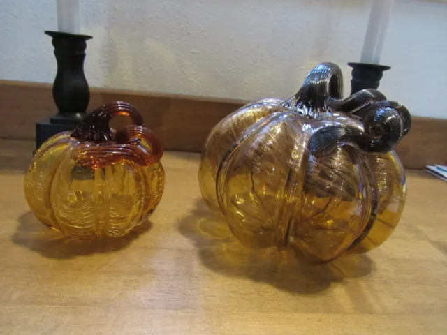 Art Glass set 2 Hand Blown Crackle Amber color Fall Pumpkins